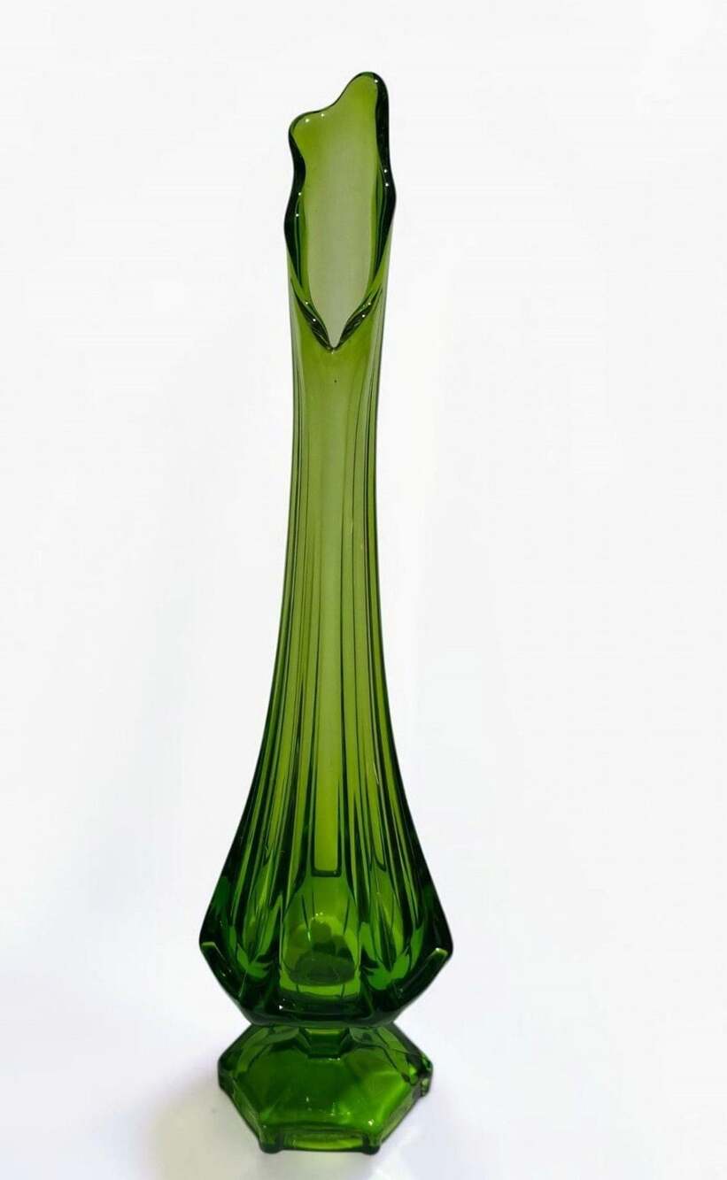 Viking Glass Epic Column Ribbed Swung Vase Avocado Green MCM